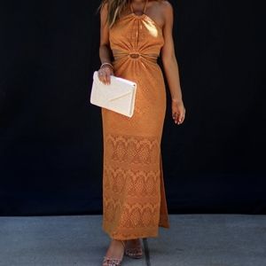 Vici Lachlan Halter Cutout Crochet Maxi Dress